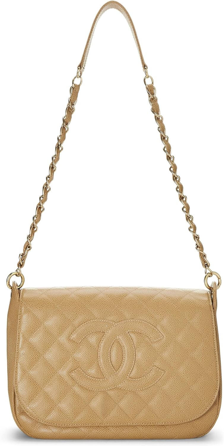 CHANEL Pre Loved Beige Caviar Timeless CC Flap Shoulder