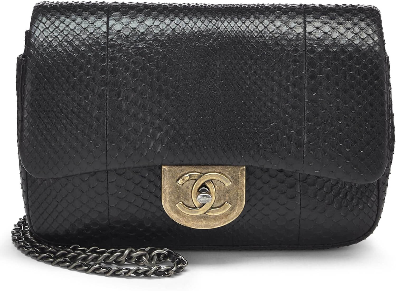 CHANEL Pre Loved Black Python Double Carry Waist Chain Flap 1