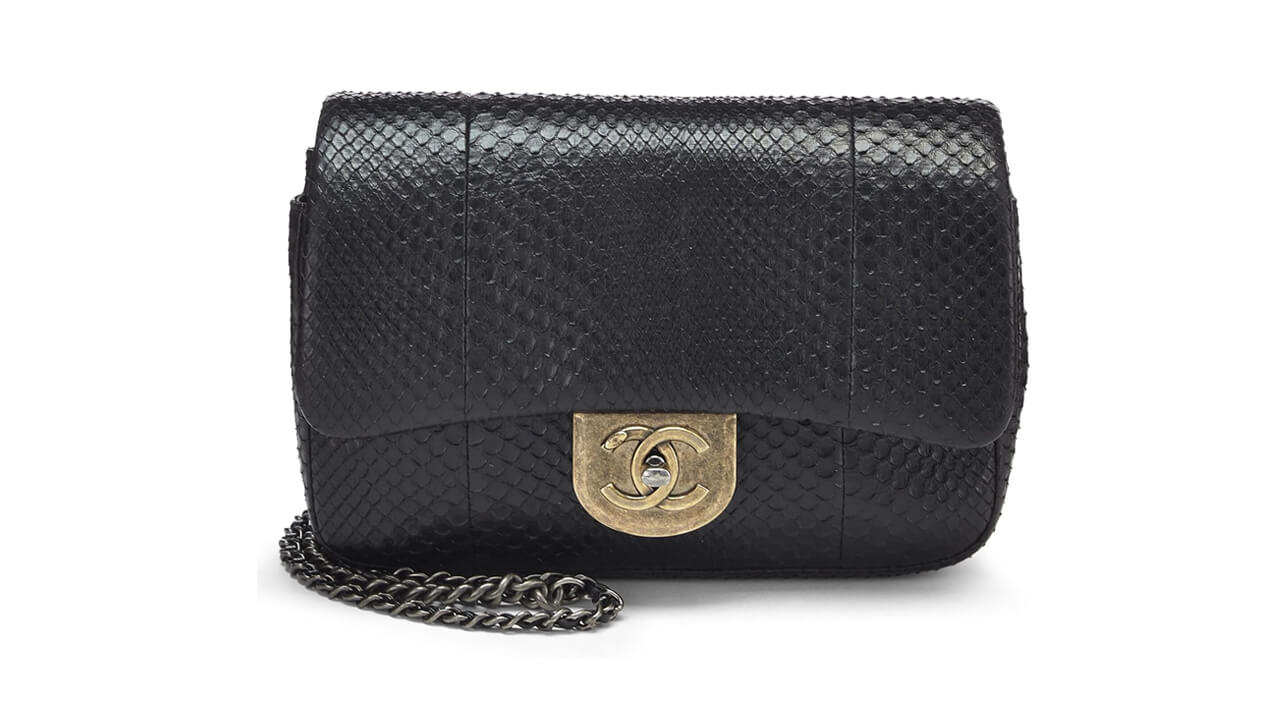 CHANEL Pre-Loved Black Python Double Carry Waist Chain Flap