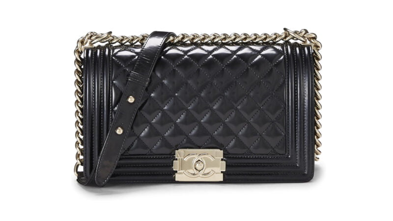 CHANEL Pre Loved Black Quilted Patent Leather Boy