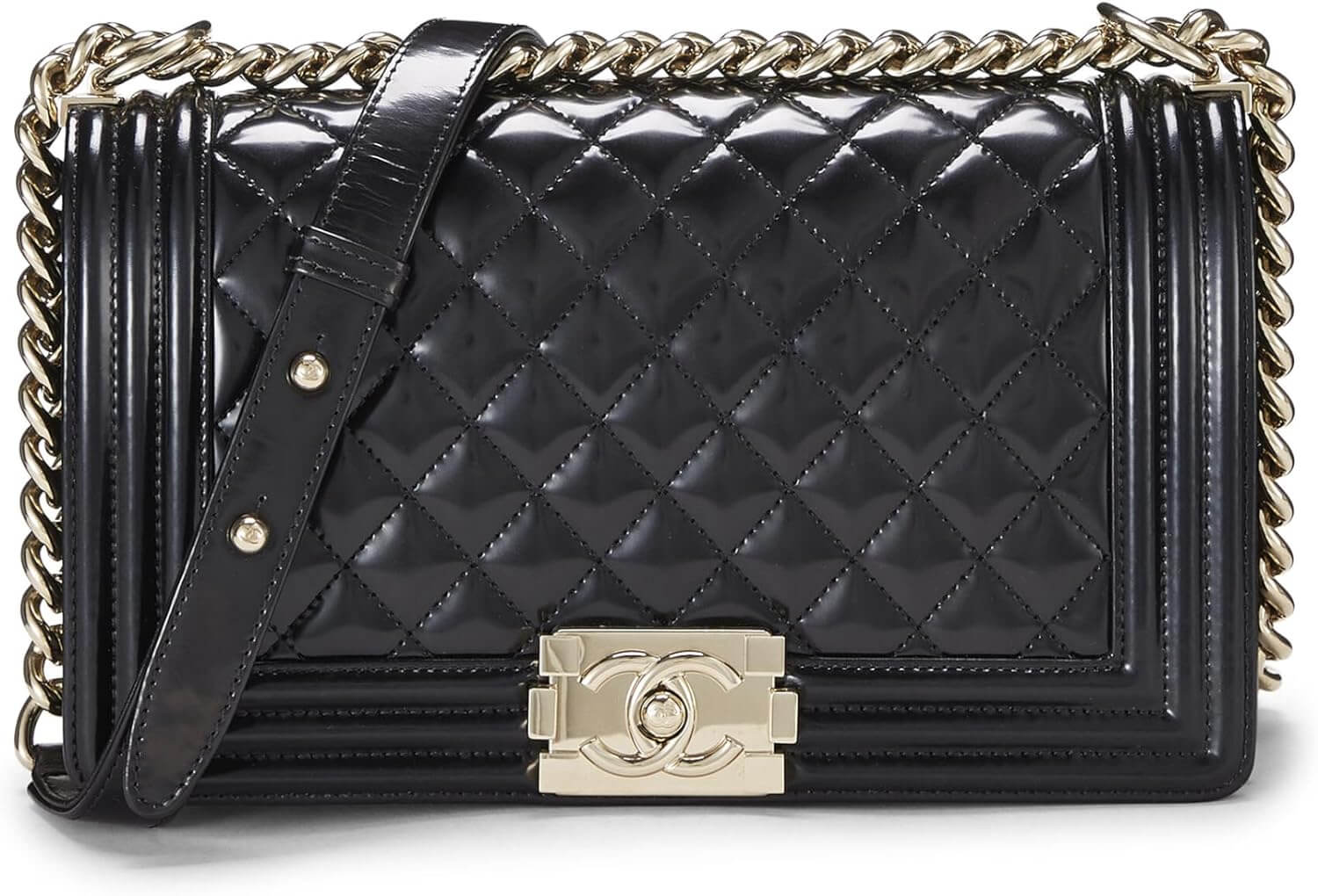 CHANEL Pre Loved Black Quilted Patent Leather Boy