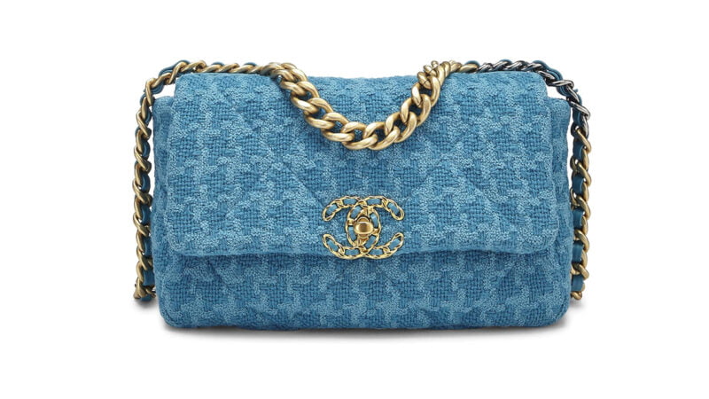 CHANEL Pre Loved Blue Quilted Tweed 19 Flap Bag