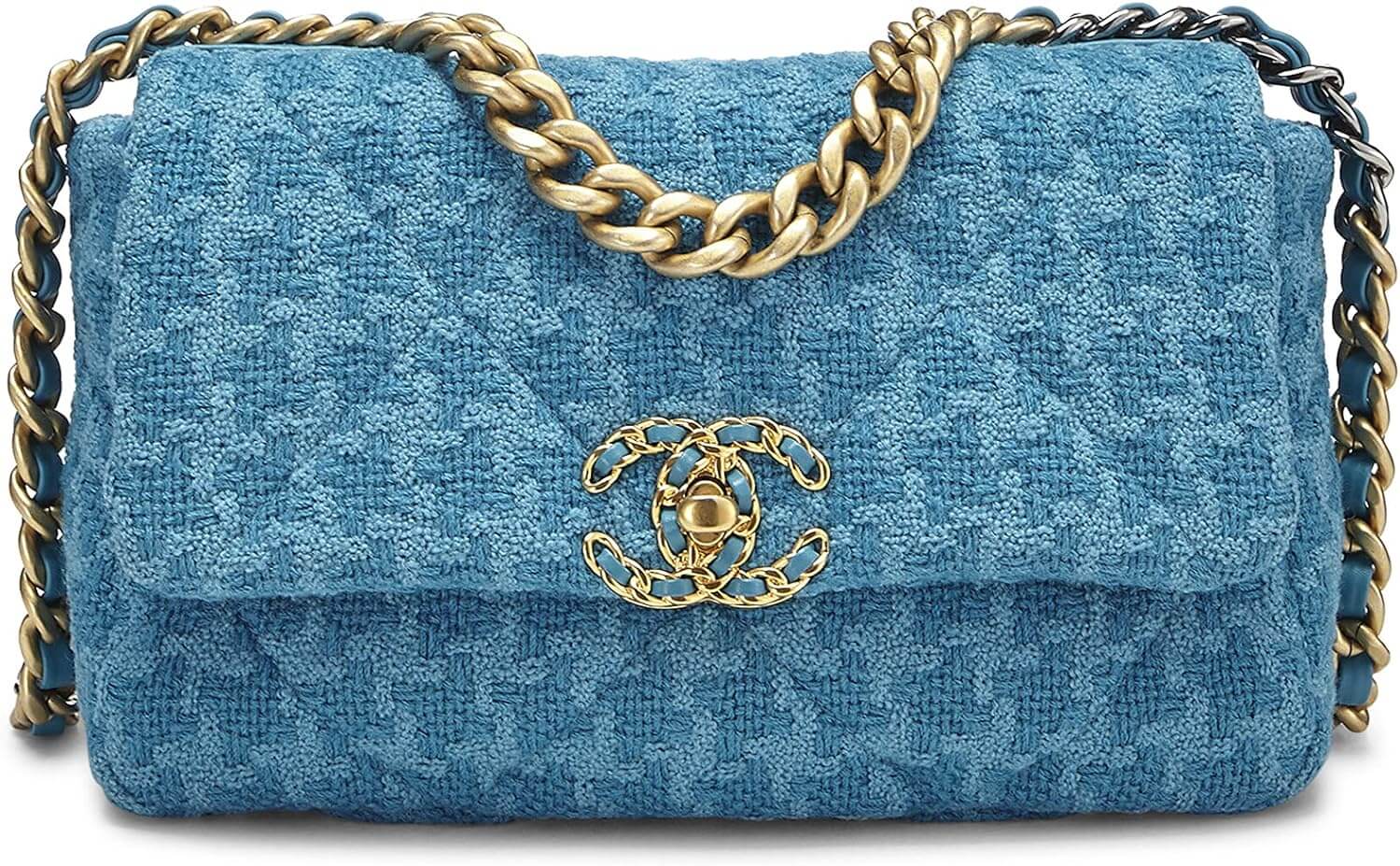 CHANEL Pre Loved Blue Quilted Tweed 19 Flap Bag