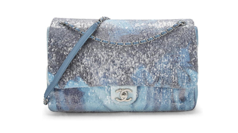 CHANEL Pre Loved Blue Sequin Waterfall Flap Bag