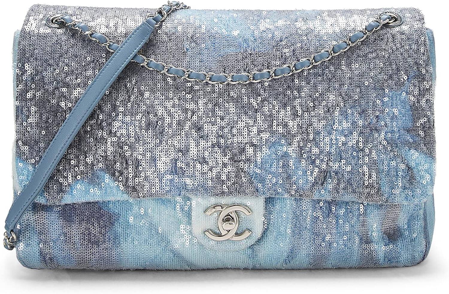 CHANEL Pre Loved Blue Sequin Waterfall Flap Bag