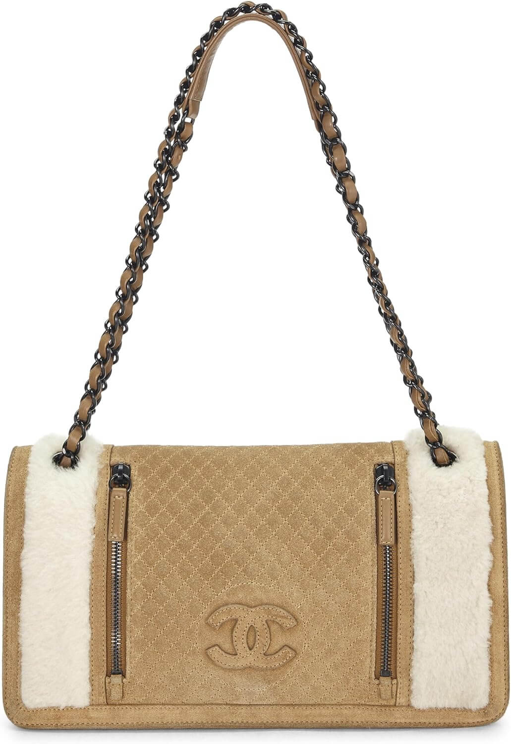 CHANEL Pre Loved Brown Suede Shearling Full Flap Bag