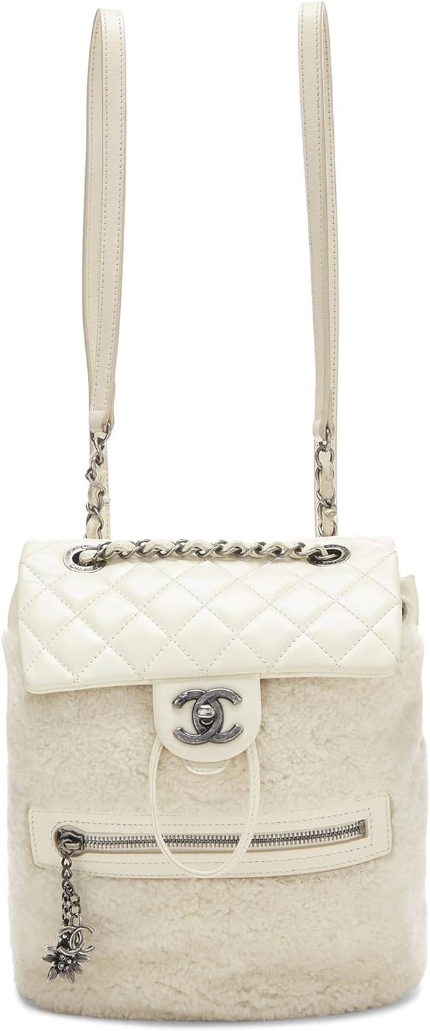 CHANEL Pre Loved White Quilted Calfskin Shearling Mountain Backpack