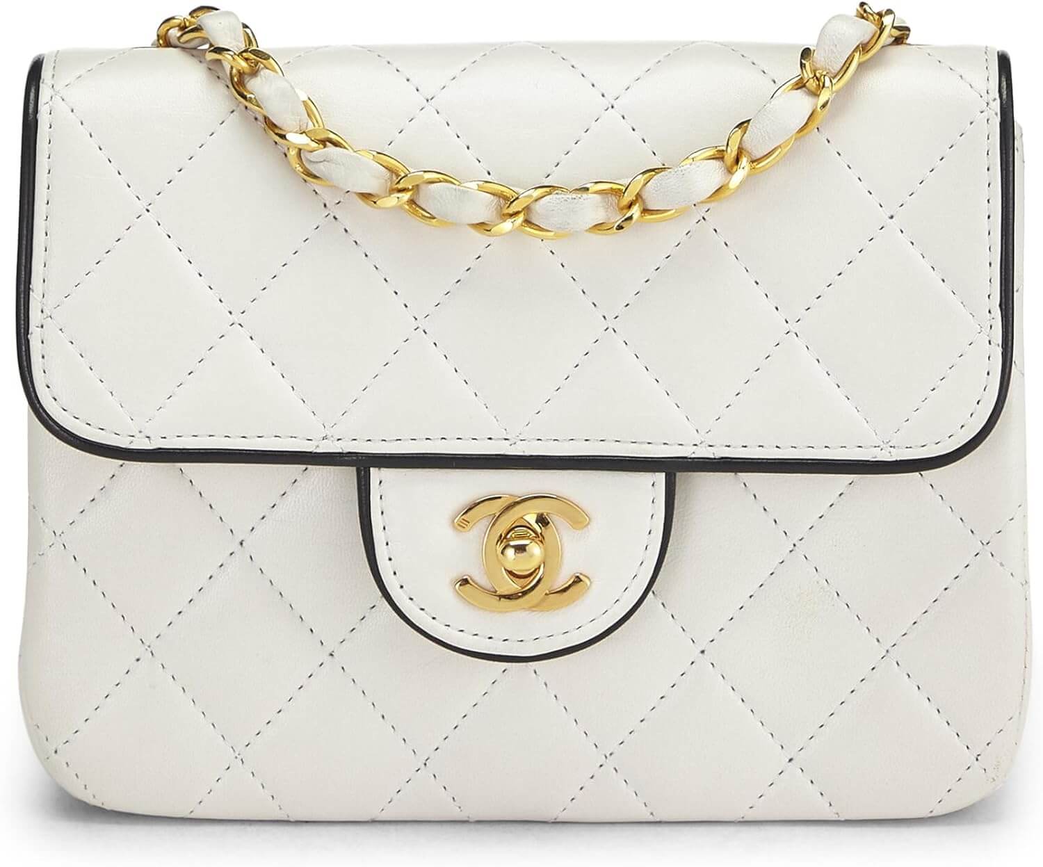 CHANEL Pre Loved White Quilted Lambskin Piped Half Flap