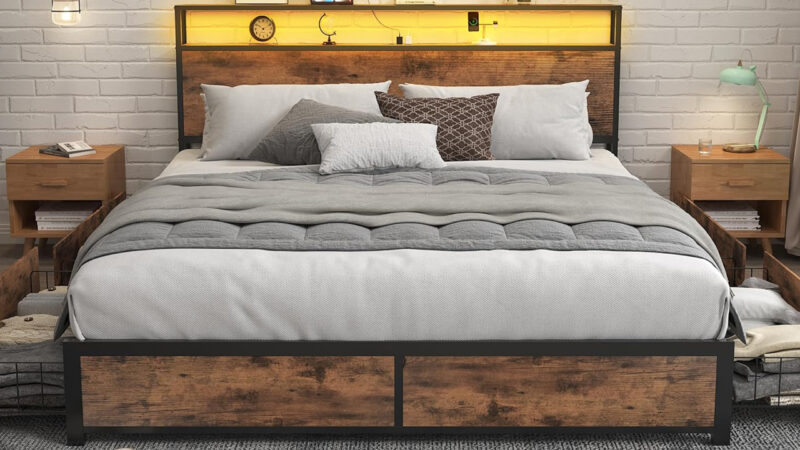 Lifezone Queen Bed Frame with 2-Tier Storage Headboard