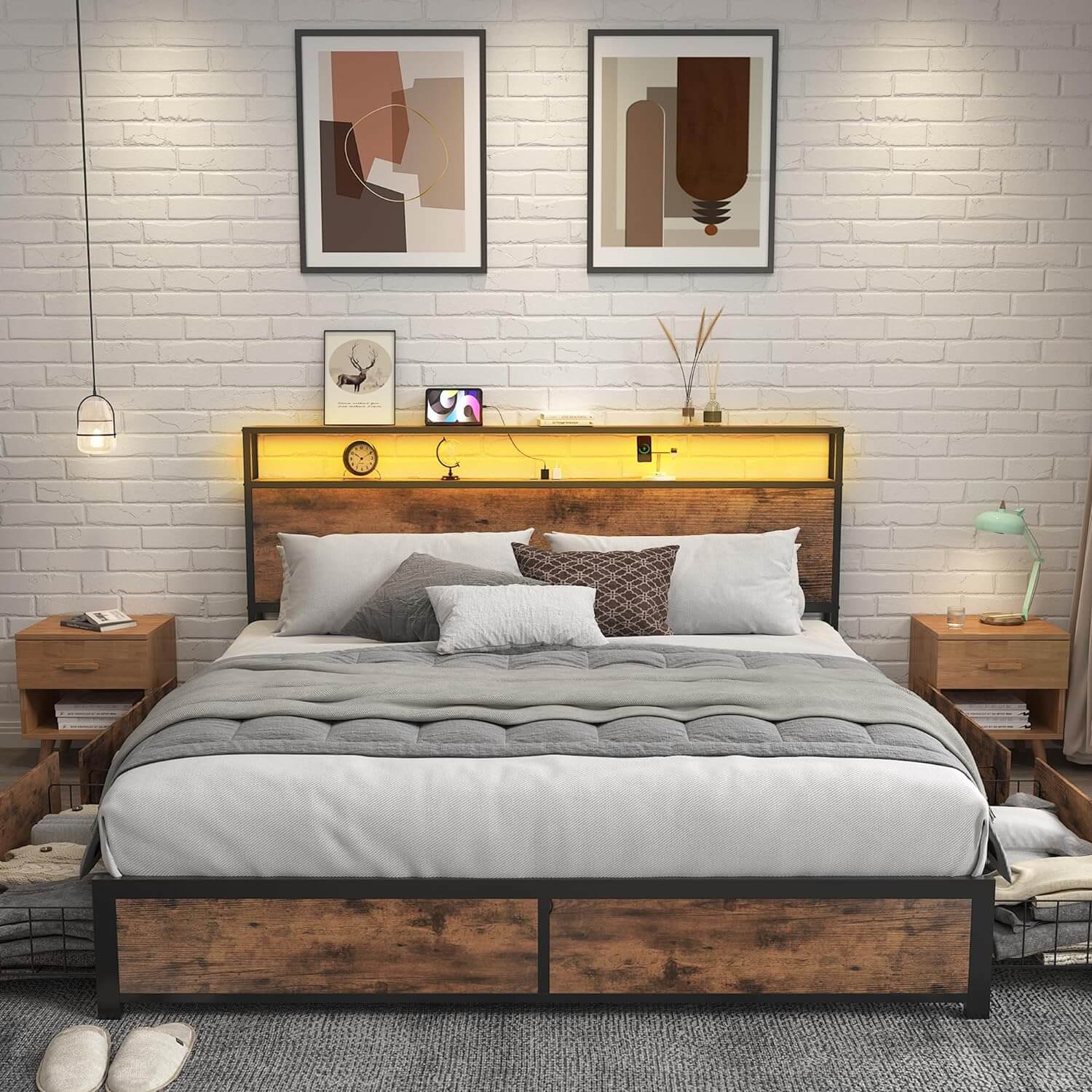 Lifezone Queen Bed Frame with 2 Tier Storage Headboard