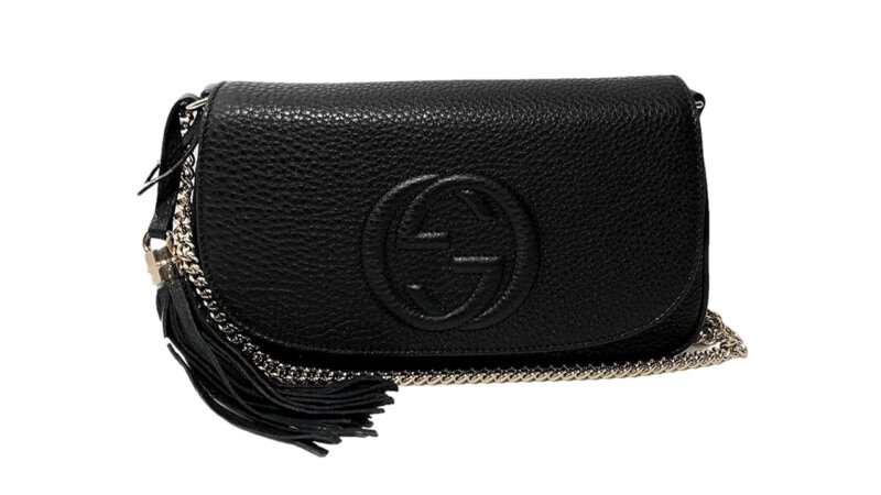 Gucci Soho Leather Flap Shoulder Bag Black Gold Tassel New Authentic