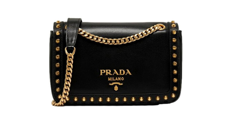 Prada Blue Black Glace Leather Studded Trim Crossbody Handbag
