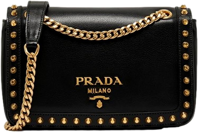 Prada Blue Black Glace Leather Studded Trim Crossbody Handbag