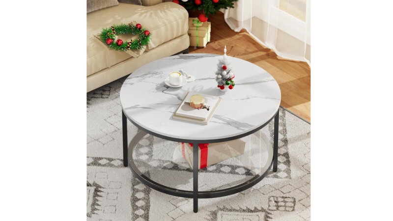 YITAHOME White Marble Round Coffee Table with Glass