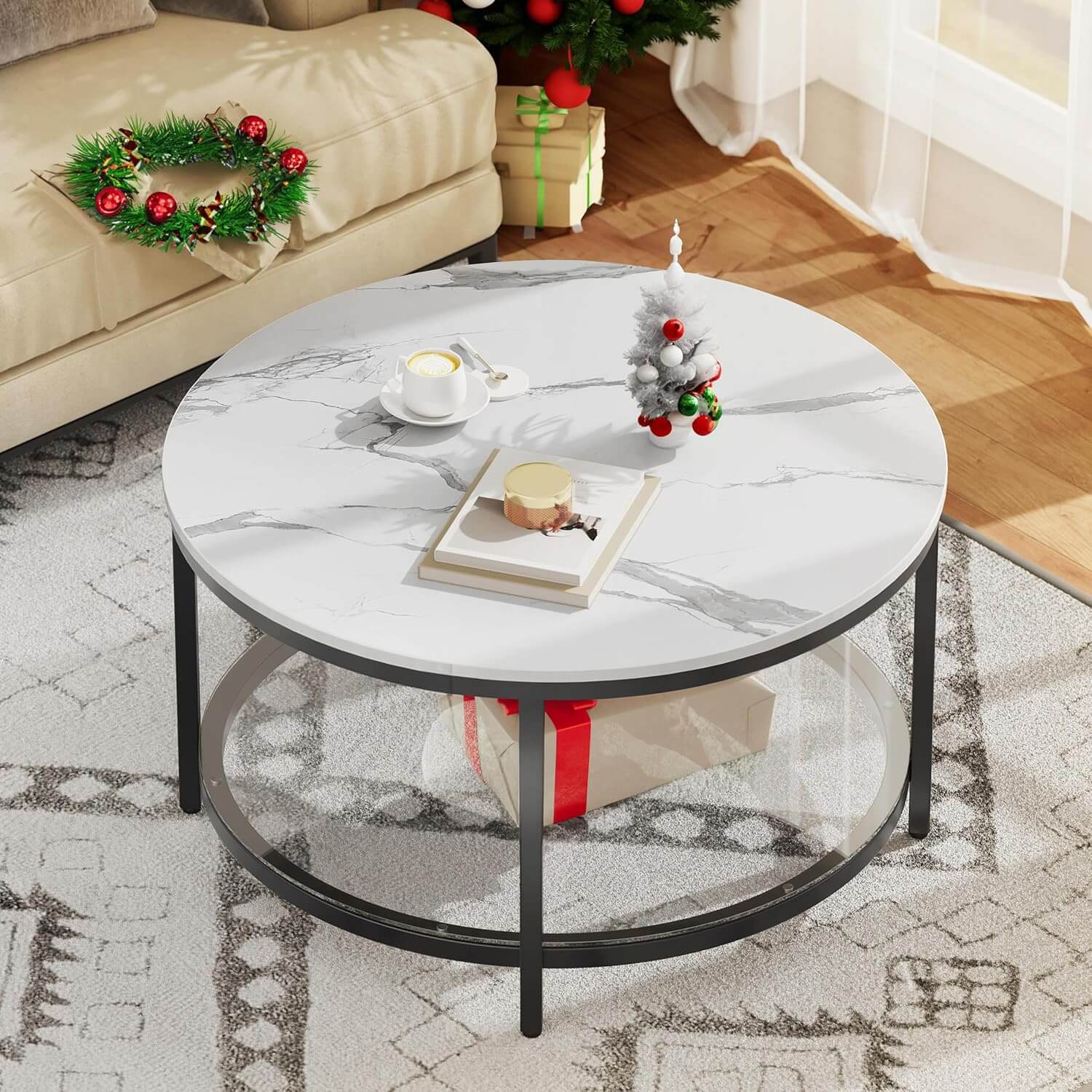 YITAHOME White Marble Round Coffee Table with Glass