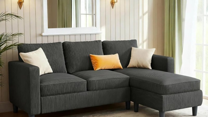 JAMFLY 3-Seat Convertible L-Shaped Sectional Sofa with Reversible Ottoman